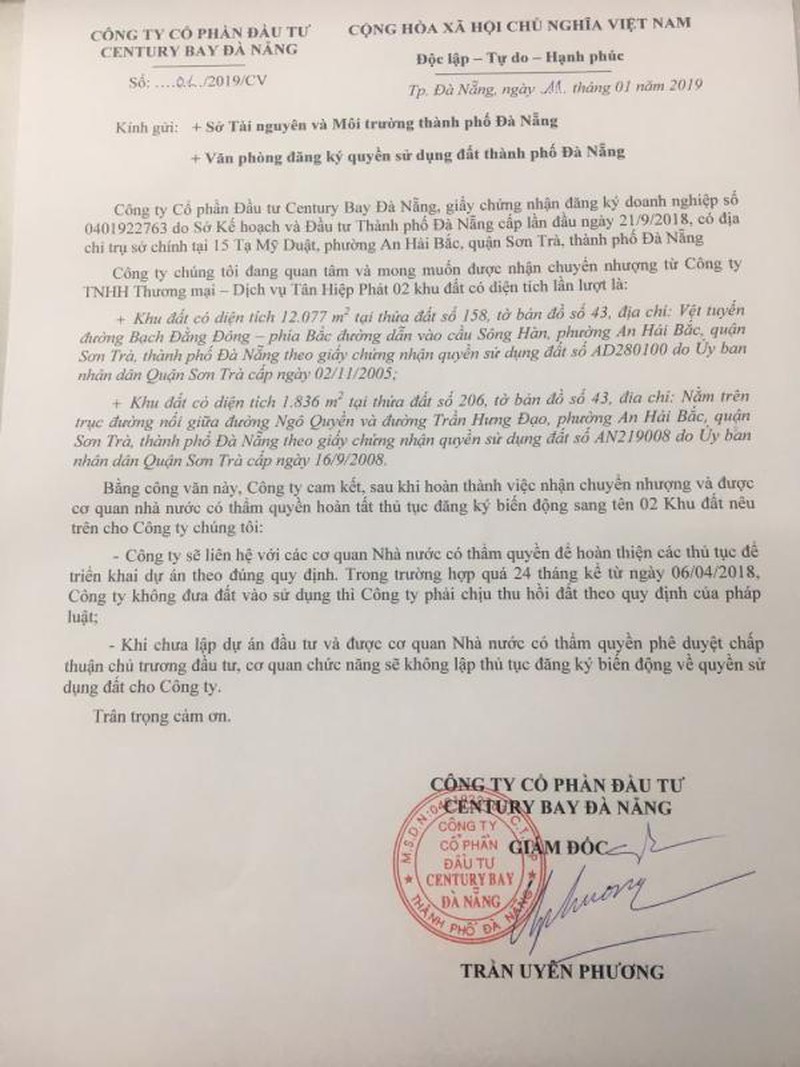Cam kết của bà Trần Uyên Phương “quá 24 tháng kể từ 6/4/2018, Cty không đưa đất vào sử dụng thì phải chịu thu hồi đất theo quy định pháp luật”.